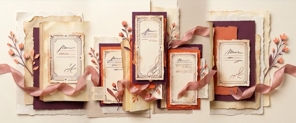 Layered letters, stationery, pressed botanicals, and a silk ribbon