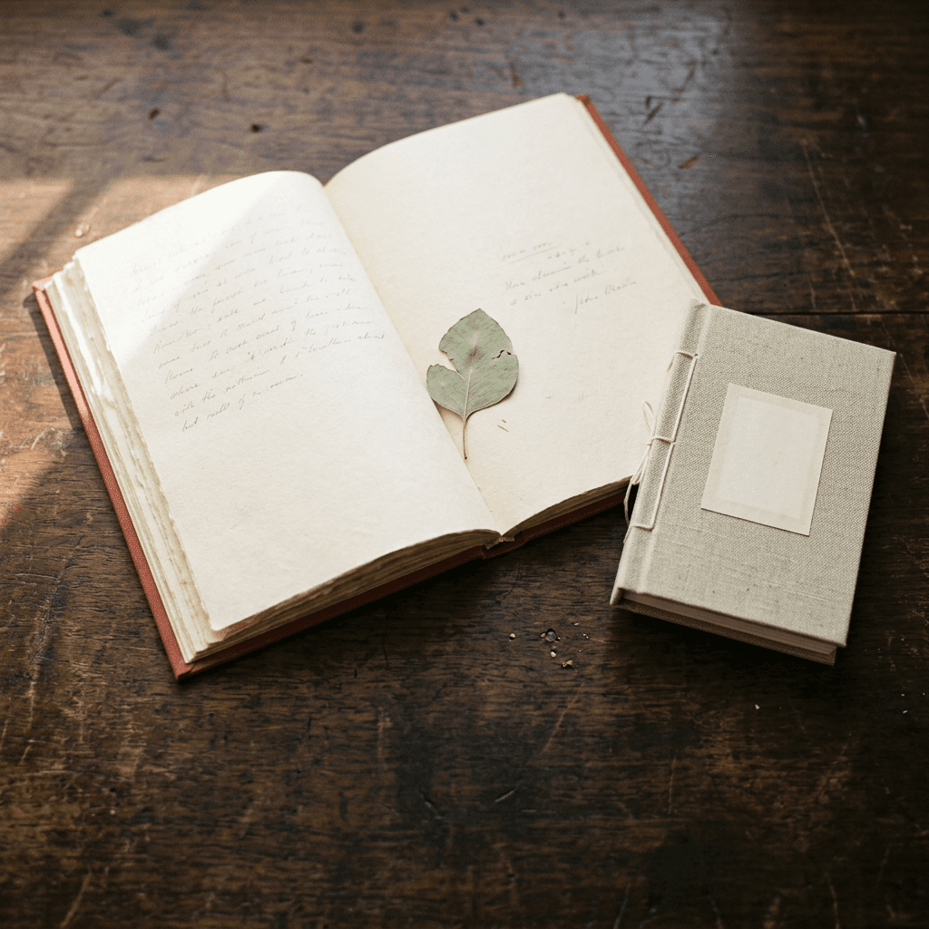 An open handwritten journal and a linen notebook resting on a wooden table