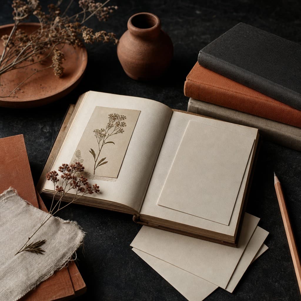 Open journal with a pressed botanical print, stacked clothbound books, and dried flowers on a dark table