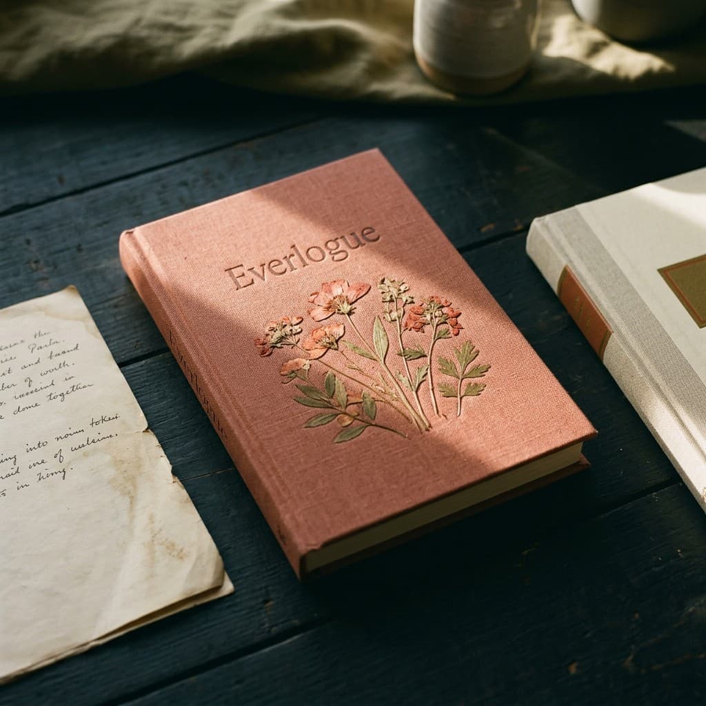 Everlogue clothbound book with pressed flowers on a wooden table